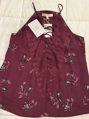 Wayf Burgundy Floral Lace-Trim Halter Cami